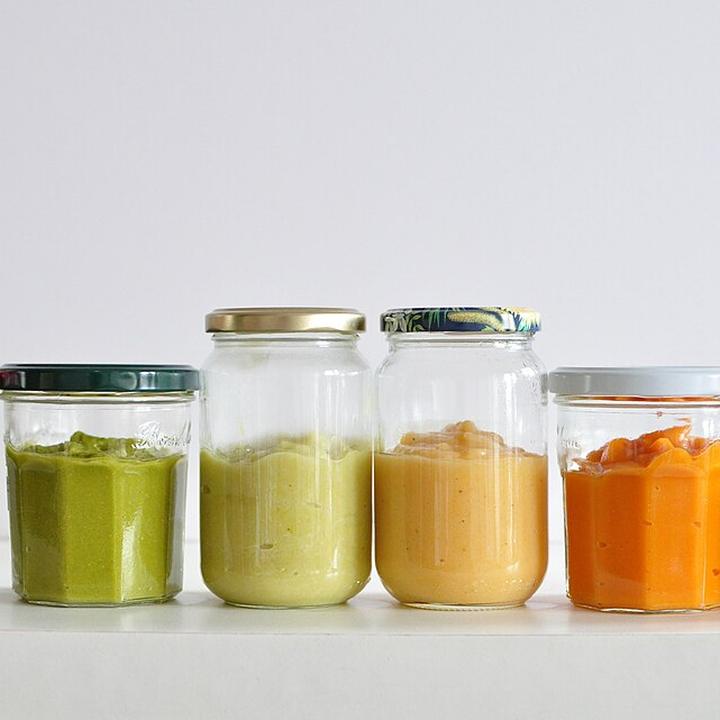 Jars of fruit and vegetable puree for babies